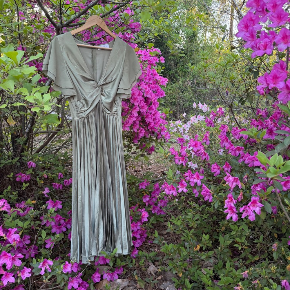 romantic olive green satin midi dress soft feminine pleated flowy twist front